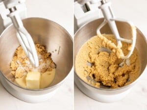 Collage of two photos showing butter and macadamia butter are creamed with sugar.