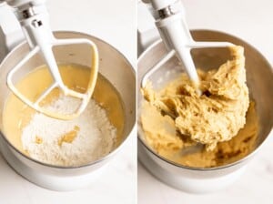 Dry ingredients are added to make macadamia cookie dough.