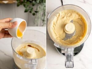 Macadamia butter thickens as honey and salt are added.