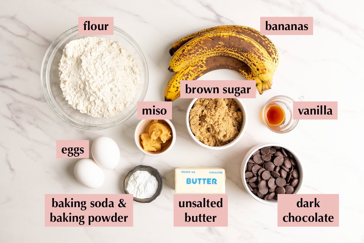 Ingredients for chocolate chip banana bread with miso.
