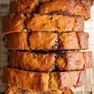 Top down view of sliced miso banana bread.