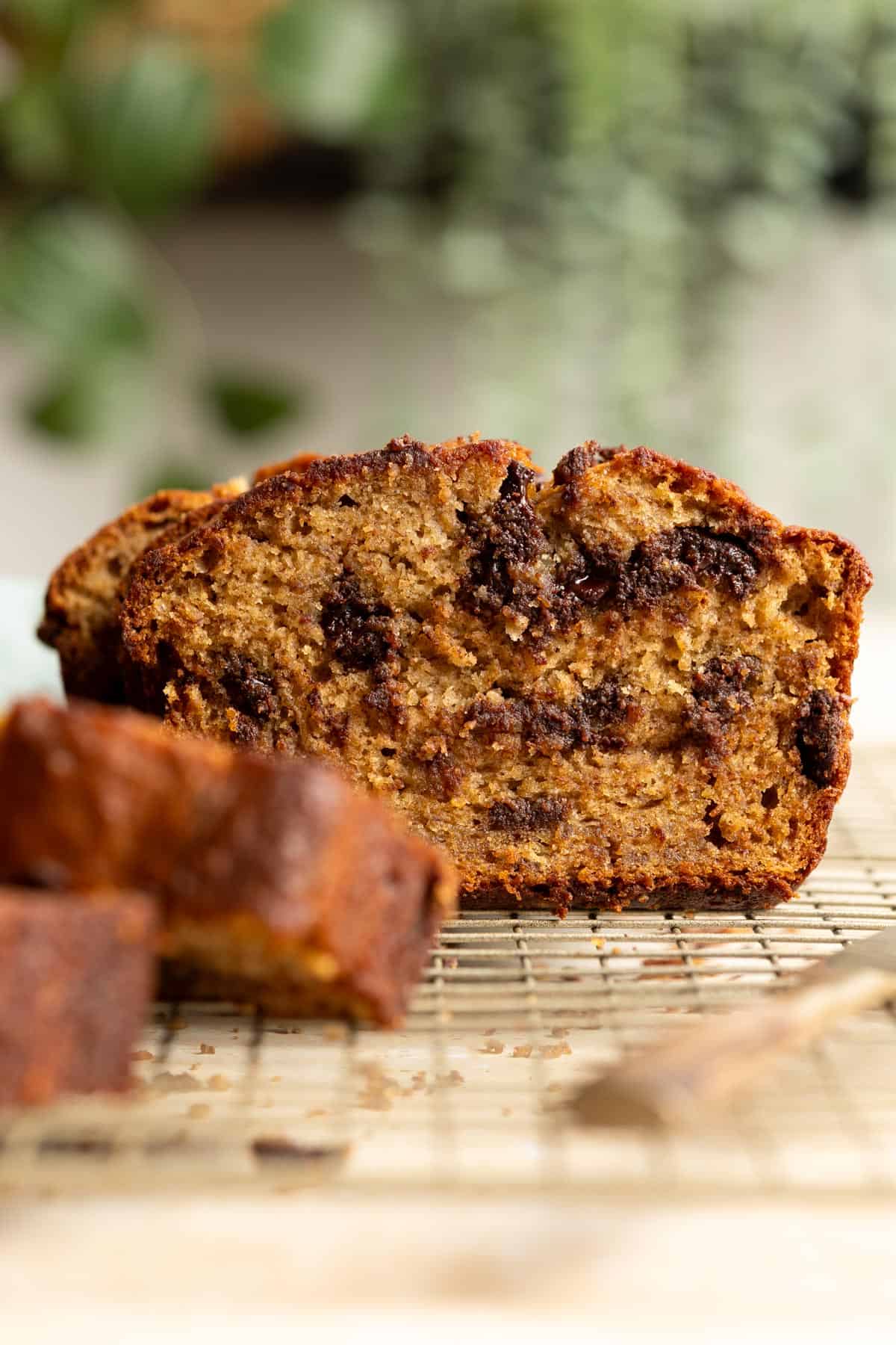 Interior texture of a slice of miso banana bread with chocolate chip.