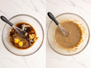 Mixing together wet ingredients for miso banana bread.