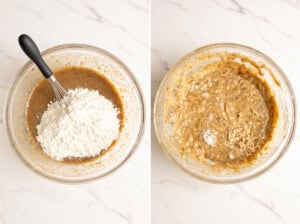 Fold in dry ingredients to make miso banana bread batter.
