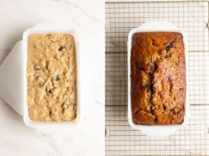 Bake chocolate chip miso banana bread until golden.