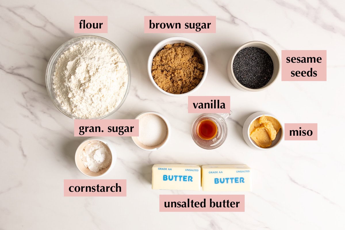 Ingredients for miso shortbread with brown sugar.