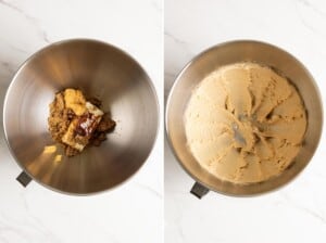 Creaming together wet ingredients for miso brown sugar shortbread recipe.