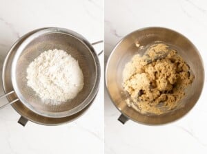 Adding dry ingredients to form miso brown sugar shortbread cookie dough.