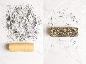 Adding sesame seeds to the outside of the miso shortbread cookie dough log.