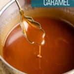 Miso caramel is dripping from a spoon into the pan underneath.