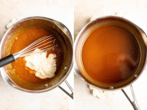 Whisk in the miso and cream to make miso caramel sauce.