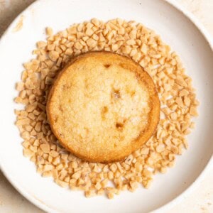 A miso toffee shortbread cookie in a plate with toffee bits.