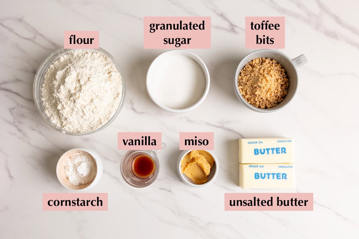 Ingredients for miso toffee shortbread recipe.