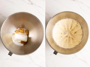 Creaming butter, miso paste, sugar and vanilla together.