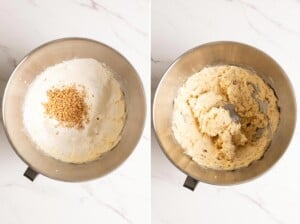 Add flour and toffee bits to form miso toffee shortbread cookie dough.