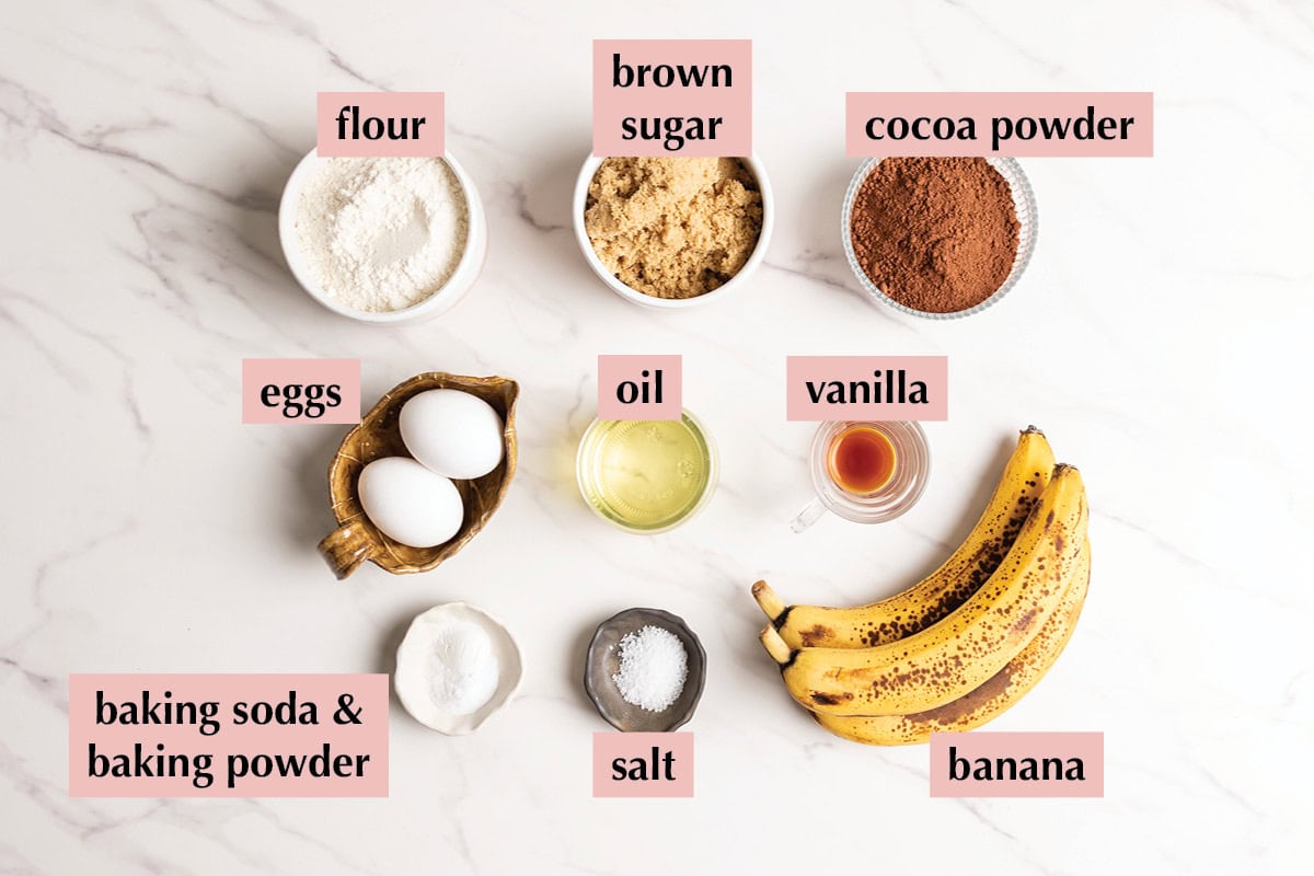 Ingredients for chocolate banana cake recipe.