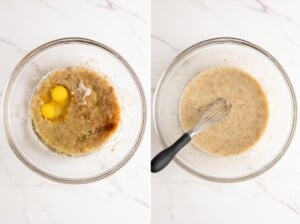 Beat together wet ingredients to prepare chocolate banana cake batter.