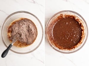 Mix in dry ingredients to make chocolate banana cake batter.