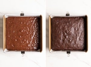 Chocolate banana cake is baked in a square baking pan.