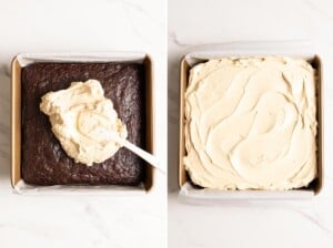 Adding miso caramel frosting to chocolate banana cake.