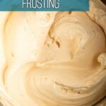 Swirls of miso caramel buttercream frosting in a metal bowl.