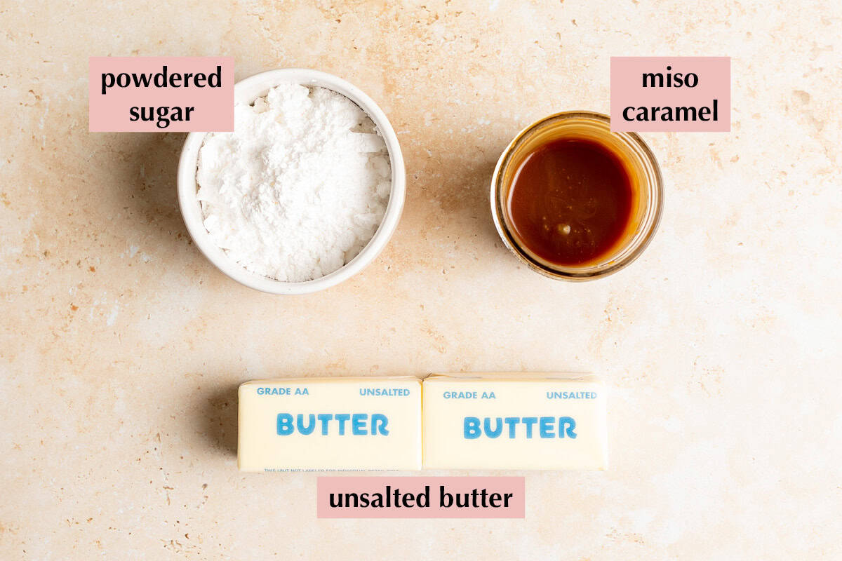 Ingredients for miso caramel frosting recipe.