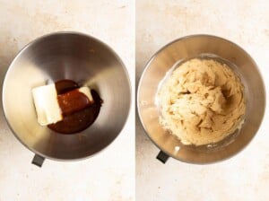 Creaming butter with miso caramel for caramel frosting recipe.