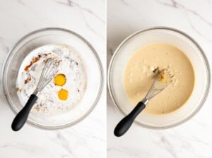 Whisking together wet ingredients to prepare mochi cornbread batter.