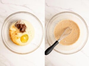 Mix together wet ingredients for apple cupcakes.