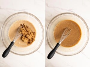 Add brown sugar to the wet ingredients in a glass bowl.