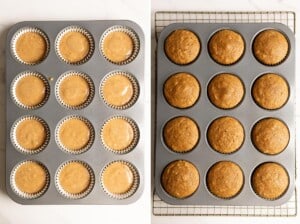 Divide apple cupcake batter into a muffin pan and bake.
