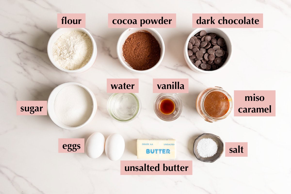 Ingredients for caramel brownies recipe.