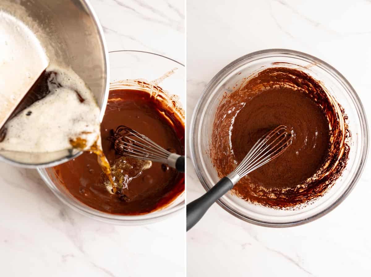 Whisk brown butter into chocolate mixture.