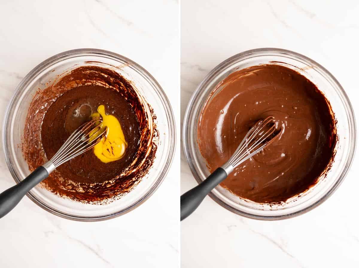 Incorporate eggs and vanilla into chocolate mixture.