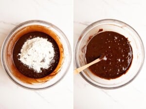 Fold in dry ingredients to make brownie batter.