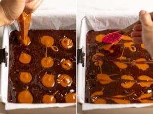 Add miso caramel to brownie batter in a baking pan.