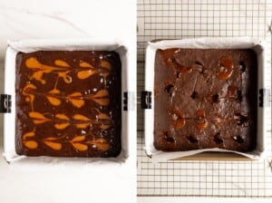 Unbaked and baked caramel brownies side by side.
