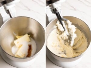 Creaming butter with sugar and vanilla.