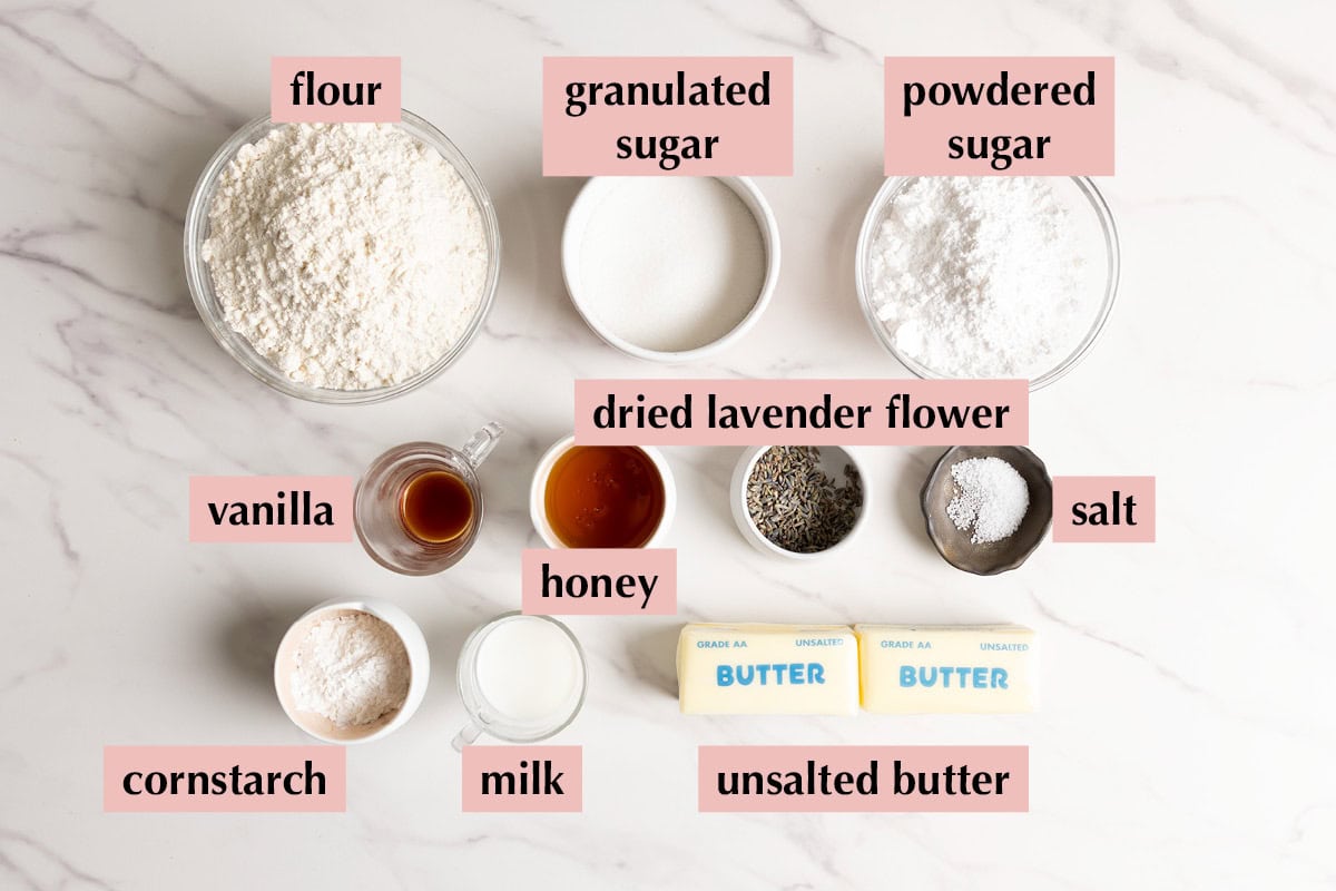 Labeled ingredients for honey lavender shortbread recipe.