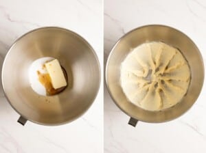 Creaming butter with sugar, honey, vanilla and salt.