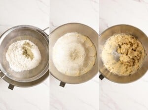 Sifting flour, lavender powder and cornstarch over cream butter to make lavender shortbread dough.