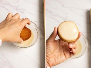 Dip lavender shortbread cookie in honey glaze.