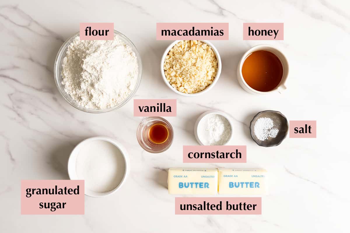 Labeled ingredients for macadamia shortbread.
