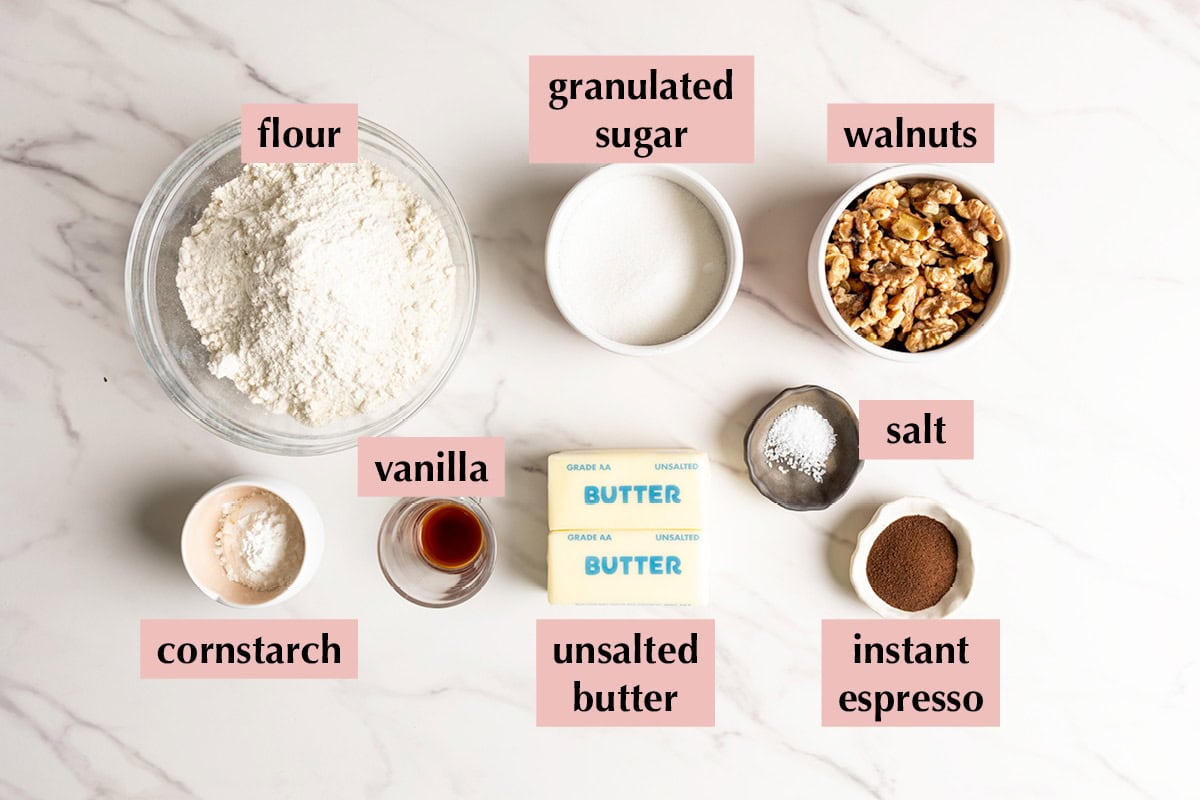 Ingredients for walnut shortbread cookies recipe.