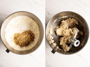 Add dry ingredients and chopped walnuts to make walnut shortbread dough.