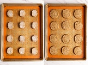 Side by side images of unbaked and baked coffee shortbread cookies.