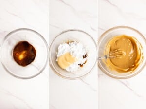 3 images showing the process of making Vietnamese coffee glaze.