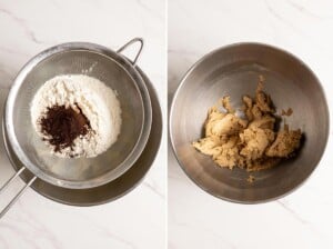 Sift in flour, cornstarch and espresso powder to make Vietnamese coffee shortbread cookie dough.