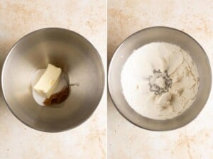 Beating softened butter with sugar, vanilla and salt.