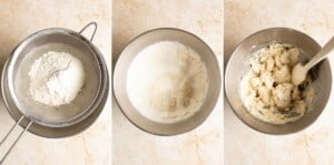 Add in dry ingredients to form a coconut shortbread dough.